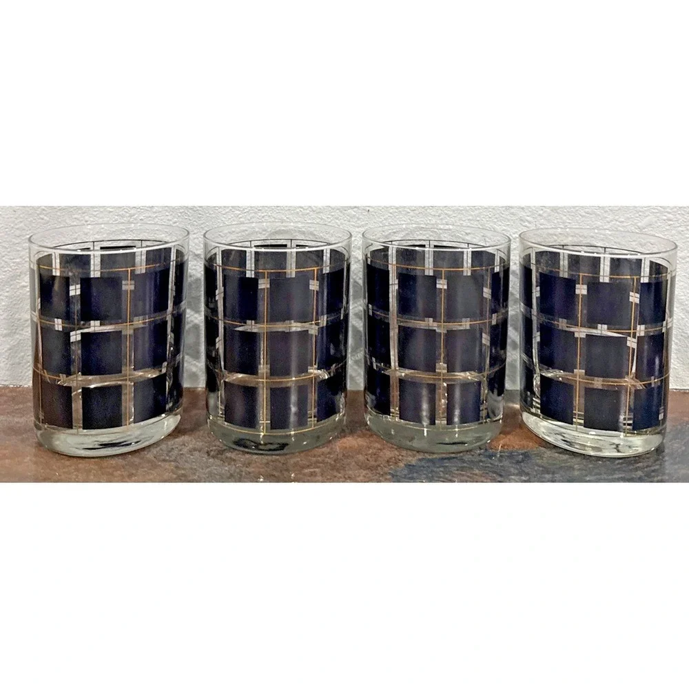 Vintage Shelton-Ware Ice Bucket & 4 Glasses MCM Black Gold Grid Barware Set NIB